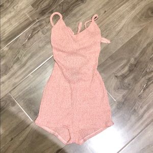 Pink Ribbed Romper Open Back with Bow